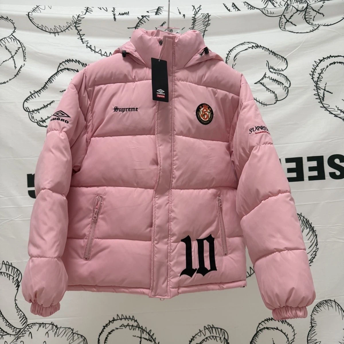 Supreme x Umbro Men Hooded Puffer Jacket Embroidered Football Winter Coat