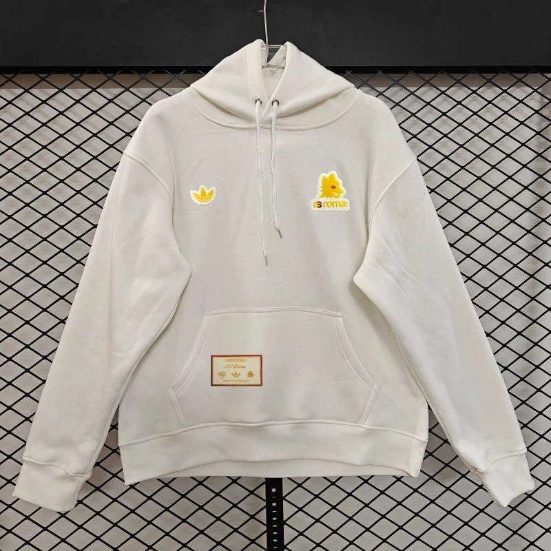 Adidas Originals AS Roma Men’s Pullover Hoodie, Roma Football Fan Sweatshirt, Off‑White